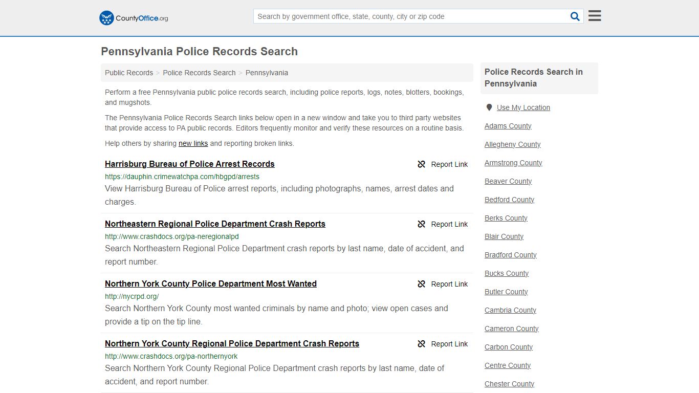 Pennsylvania Police Records Search - County Office